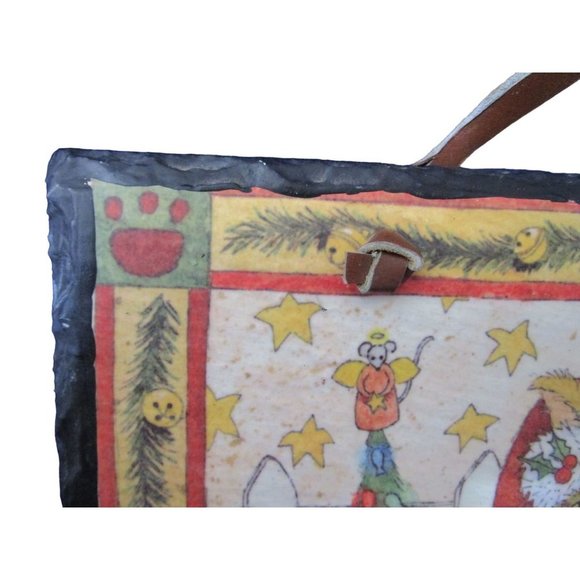 Santa Cat Print On Slate Tile Plaque Knotted Leather Hanger GUC So Much Detail - Picture 3 of 15